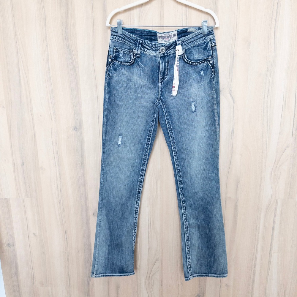 Y2K Hydraulic Womens Slim Bootcut Jeans Size 10 Distressed Embroidered Indie